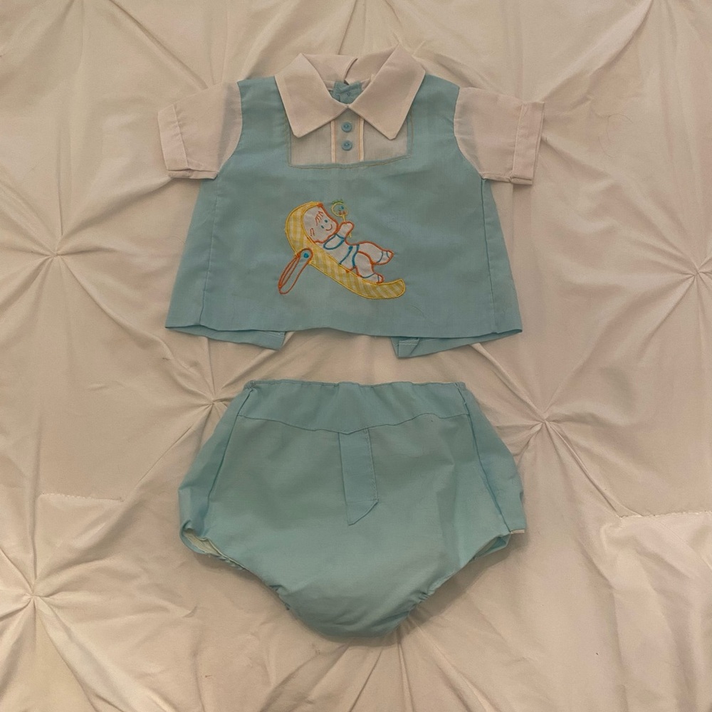 Vintage 1970s Adorable Blue and White Newborn Baby Outfit by Mayfair